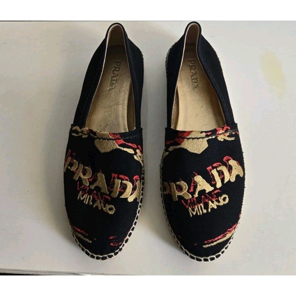 Prada Black Canvas Logo Embroidered Espadrille Flats Women’s Casual Size 38.5